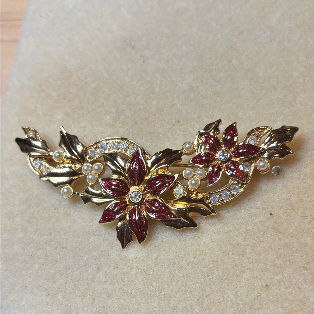 Avon Gold and Red Floral Brooch with Pearl Accents